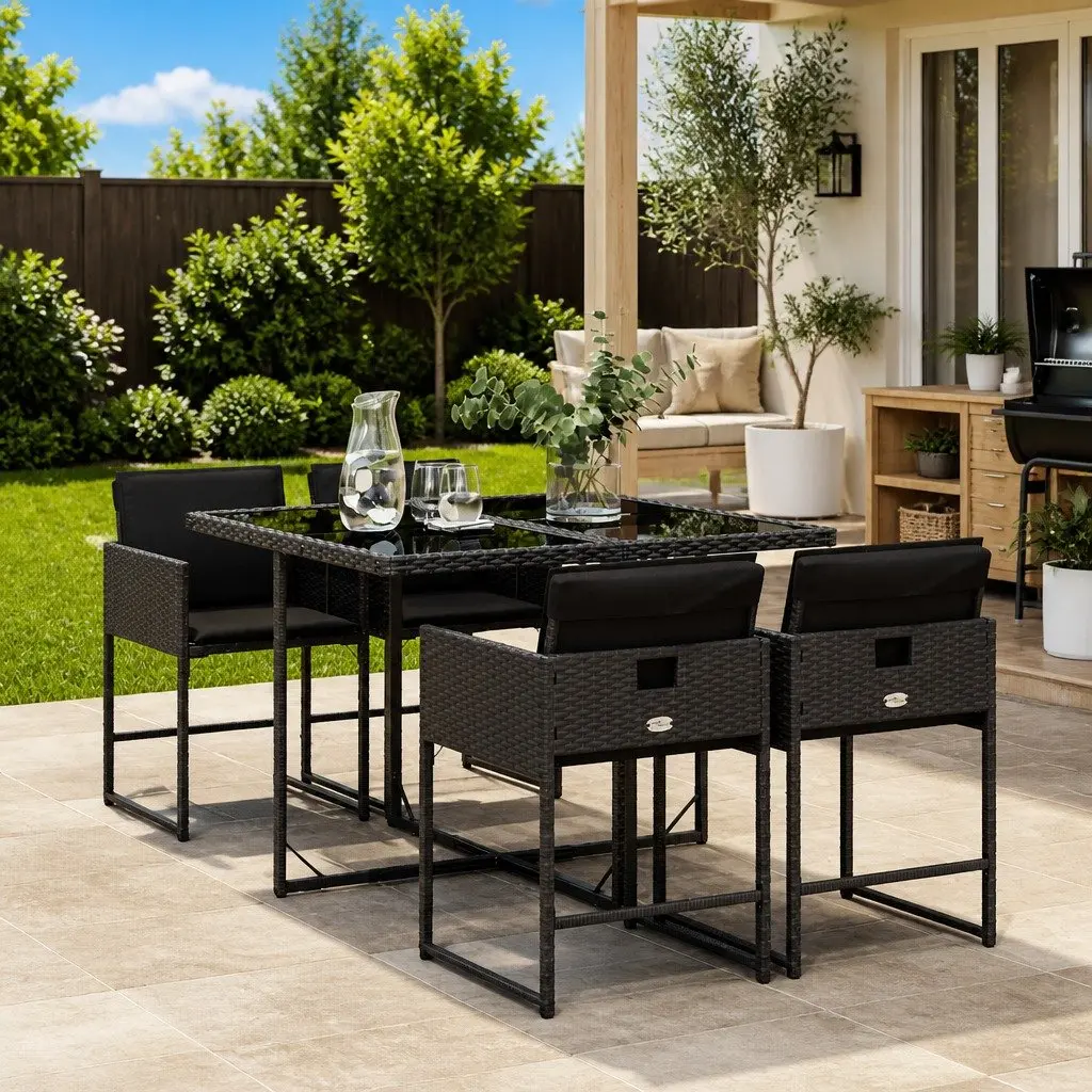 5 Piece Garden Dining Set Outdoor Furniture Black Poly Rattan Chairs Table