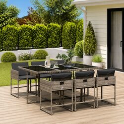 7 Piece Garden Dining Set: Grey Rattan with Glass Table