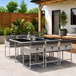 7 Piece Garden Dining Set - Grey PE Rattan, 1 Table & 6 Chairs