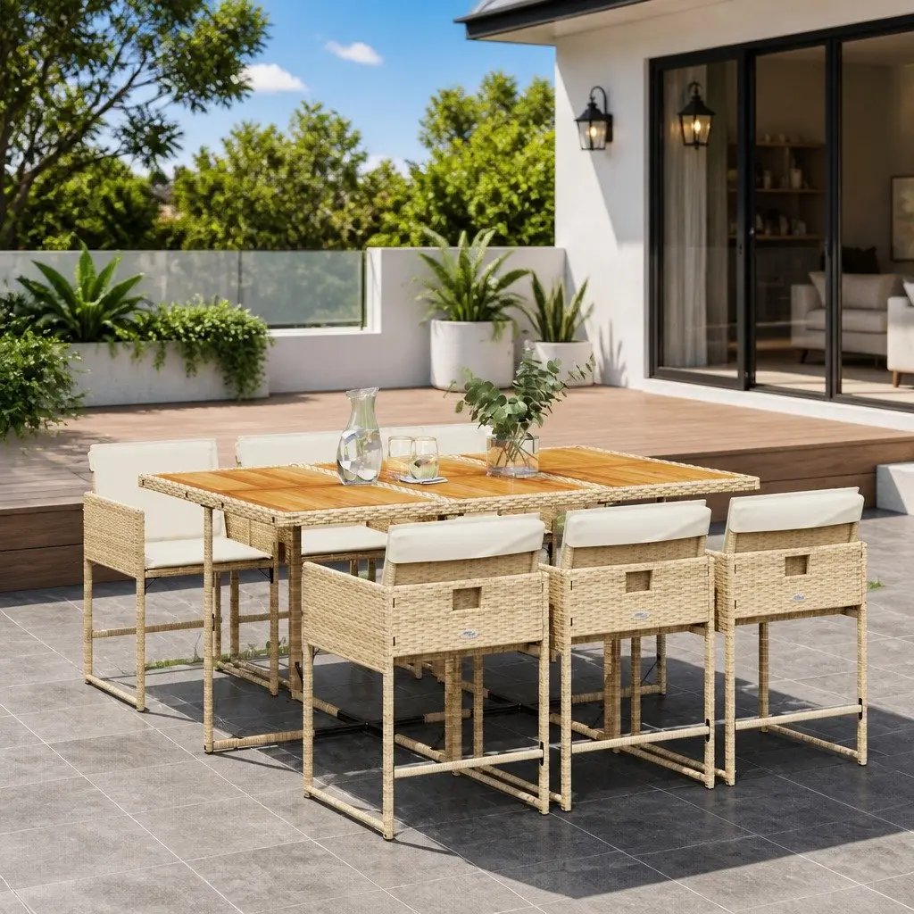 7 Piece Garden Dining Set Outdoor Use Beige Poly Rattan Chairs Table
