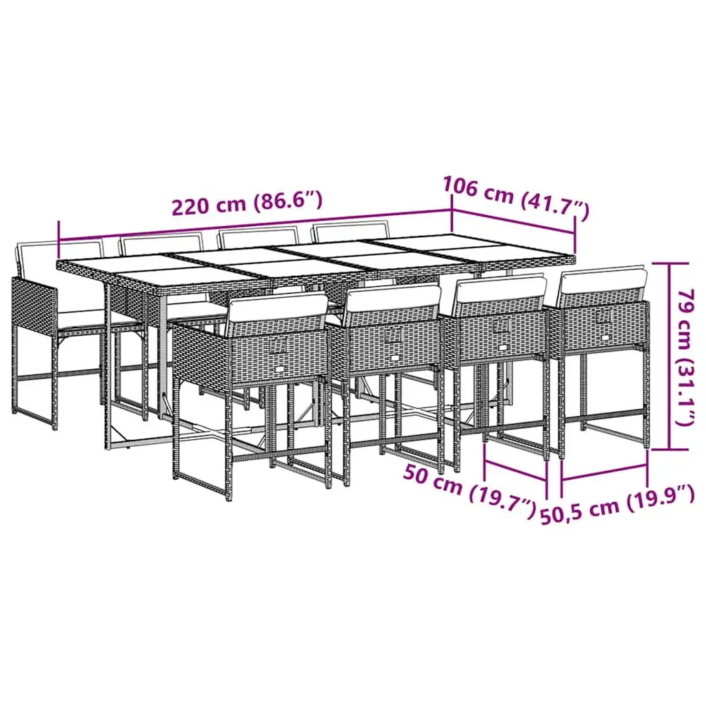 Outdoor Dining Set 9 Piece Grey Poly Rattan Chairs and Table with Cushions for Garden or Patio Use