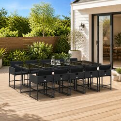 11 Piece Garden Dining Set: Black Rattan & Glass