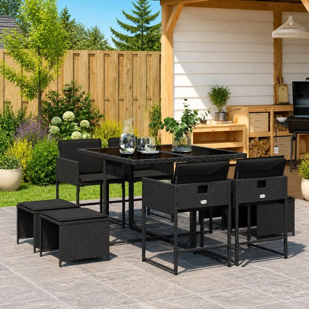 9 Piece Outdoor Dining Set Black Poly Rattan Garden Patio Furniture with