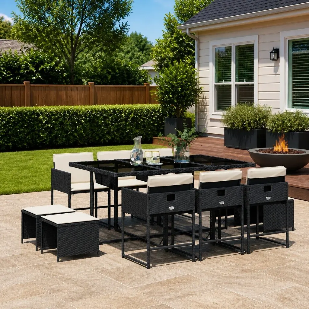 Outdoor Dining Set 11 Piece Black PE Rattan Furniture with Foldable Chairs and Cushions for Garden Patio