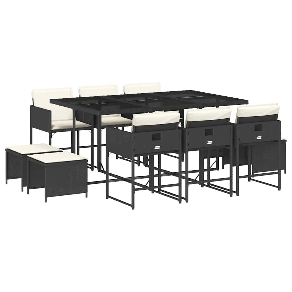 Outdoor Dining Set 11 Piece Black PE Rattan Furniture with Foldable Chairs and Cushions for Garden Patio