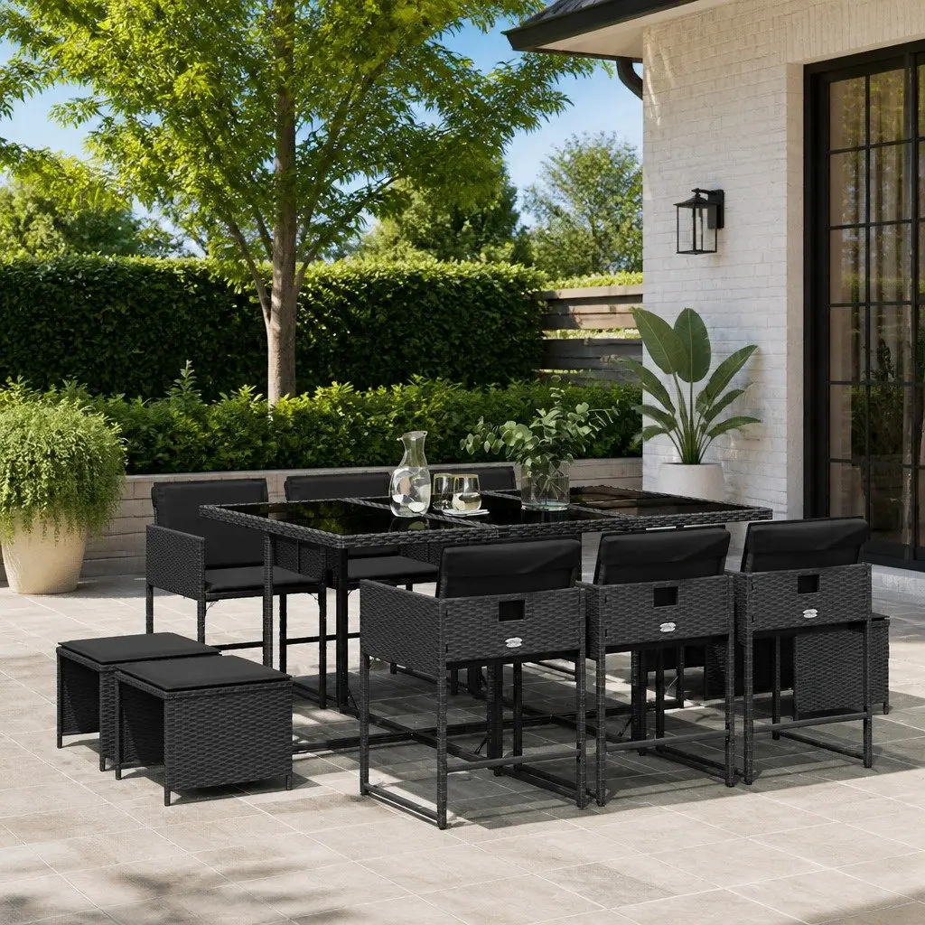 Garden Dining Set 11 Piece Outdoor Furniture Patio Garden Black PE Rattan Chairs Table Cushions