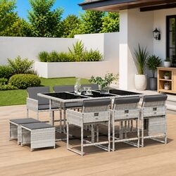 Garden Dining Set - 11 Pieces: Poly Rattan, Grey, Durable