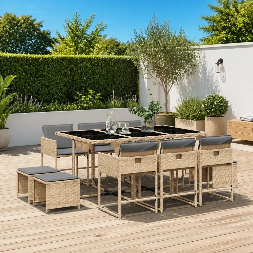 Garden Dining Set 11 Piece Outdoor Furniture Poly Rattan Chairs Table Cushions