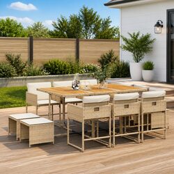 11 Piece Outdoor Dining Set: Beige Cushions & Acacia Wood