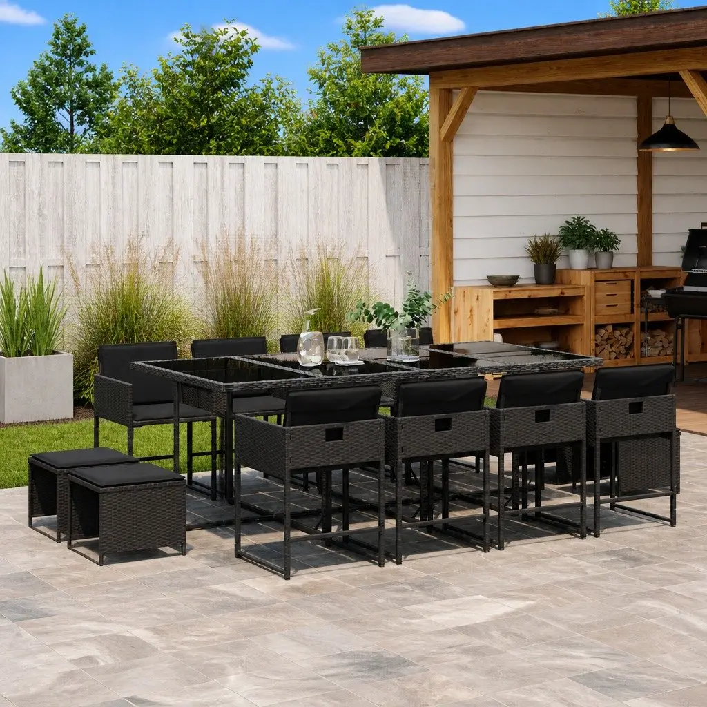13 Piece Outdoor Dining Set Black Poly Rattan Garden Patio Furniture with
