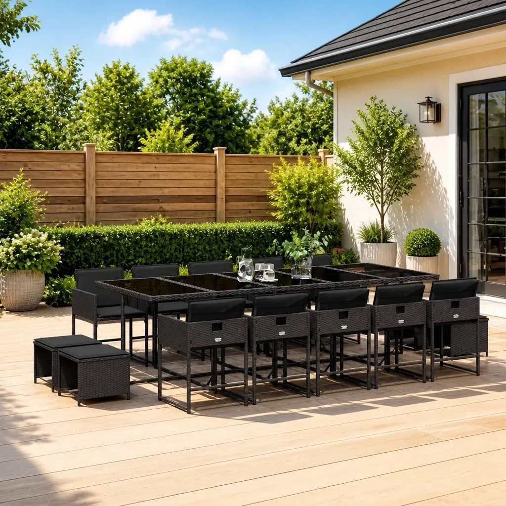 15 Piece Black Rattan Outdoor Dining Set with Cushions and Tempered Glass Table for Patio Garden and Backyard