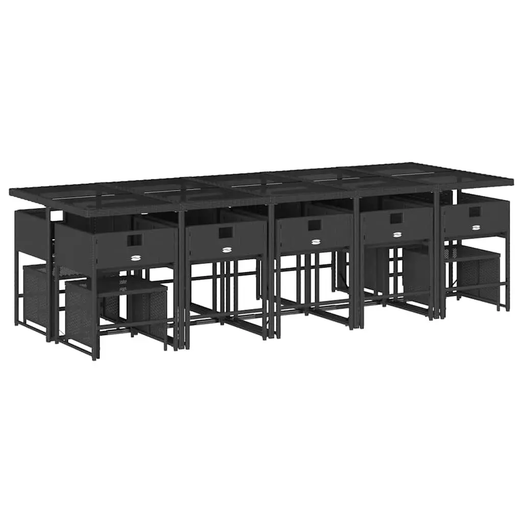 15 Piece Black Rattan Outdoor Dining Set with Cushions and Tempered Glass Table for Patio Garden and Backyard