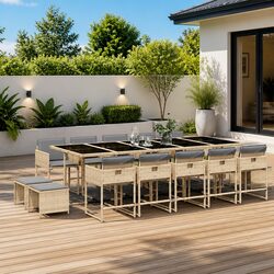 15 Piece Patio Dining Set: PE Poly Rattan & Glass Top