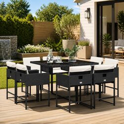 9 Piece Garden Dining Set: Black Rattan with Cushions