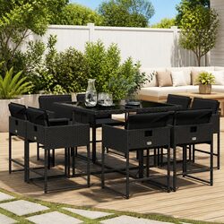 Outdoor Dining Set 9 Piece Garden Furniture Black Poly Rattan Chairs Table