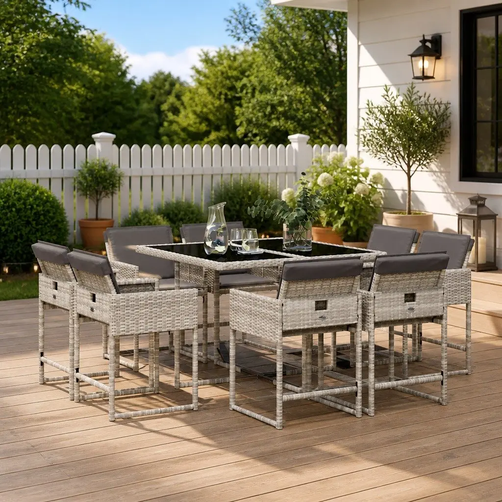 Outdoor Dining Set 9 Piece Patio Furniture Grey Rattan with Cushions for Al Fresco Dining