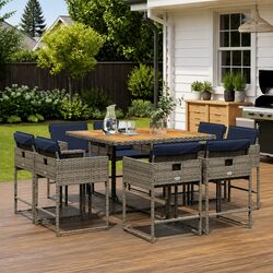 9 Piece Outdoor Dining Set with Acacia Wood and Cushions