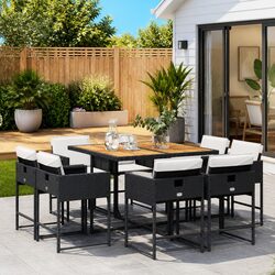 9-Piece Garden Dining Set: Black Poly Rattan and Acacia Wood