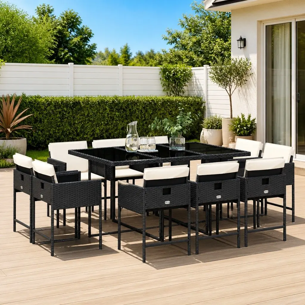 Outdoor Garden Dining Set 11 Piece Black Poly Rattan Chairs Table Cushions