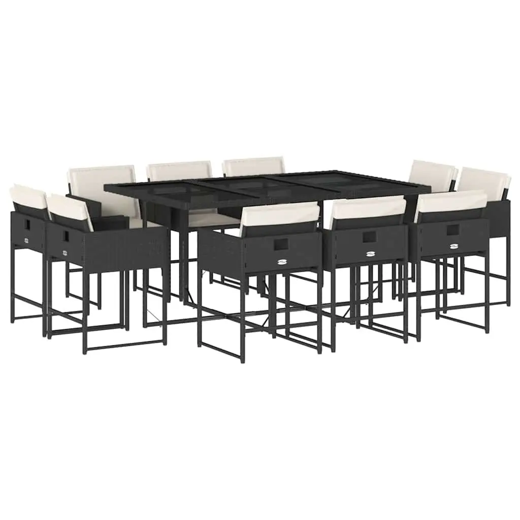 Outdoor Garden Dining Set 11 Piece Black Poly Rattan Chairs Table Cushions