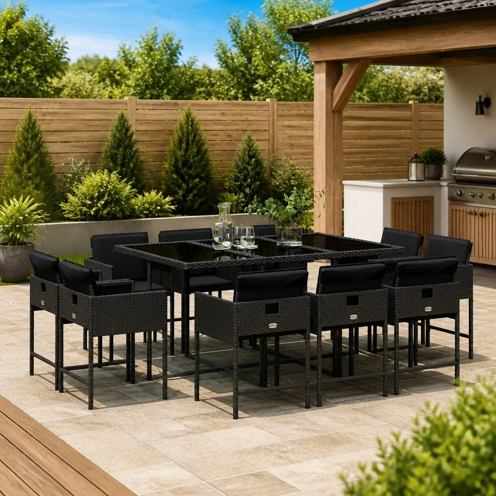 Outdoor Dining Set 11 Piece Garden Furniture for Patio and Backyard Black Poly Rattan