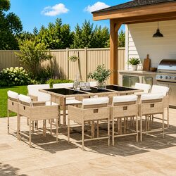 11 Piece Outdoor Dining Set with PE Rattan & Glass Table