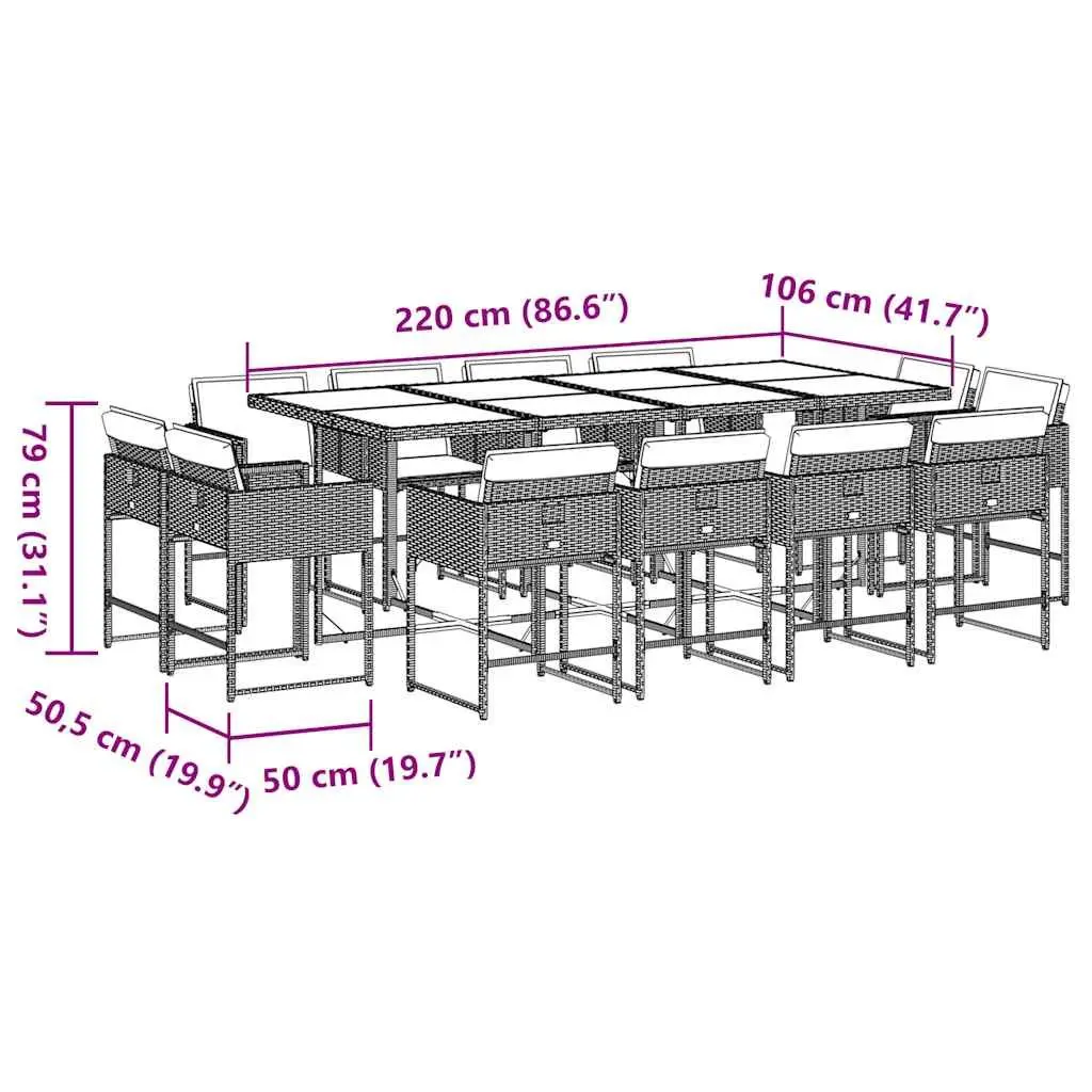 Outdoor Garden Dining Set 13 Piece Poly Rattan Chairs Table Cushions Grey