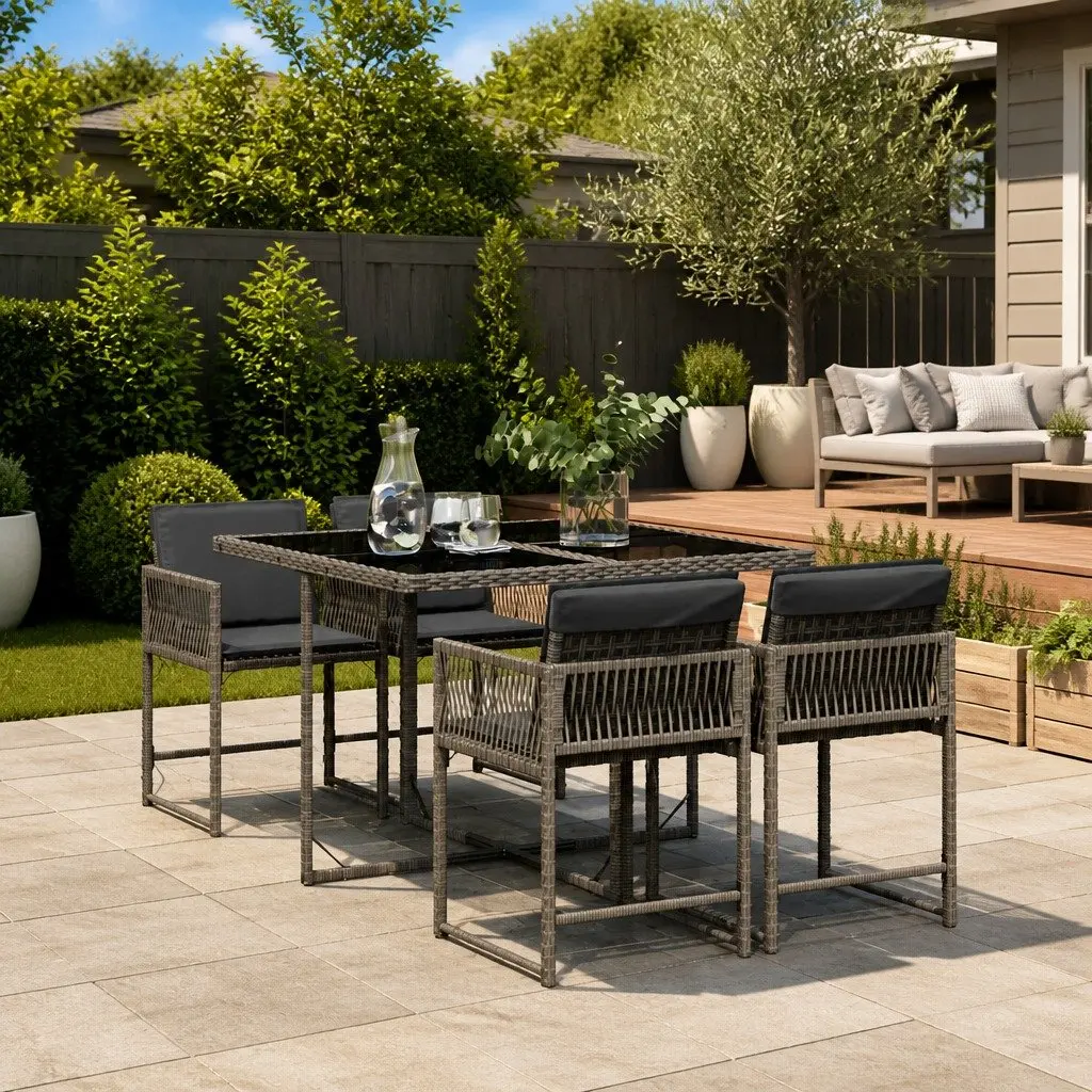 Outdoor Dining Set for Patio 5 Piece Grey Poly Rattan with Cushions