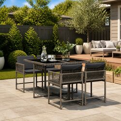 5-Piece Outdoor Dining Set with Cushions - Grey Rattan