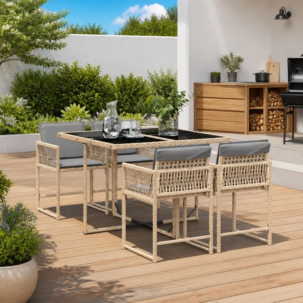 5 Piece Garden Dining Set Outdoor Patio Furniture with Cushions Beige Poly