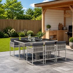 Garden Dining Set: 7 Piece Grey Rattan Furniture with Cushions
