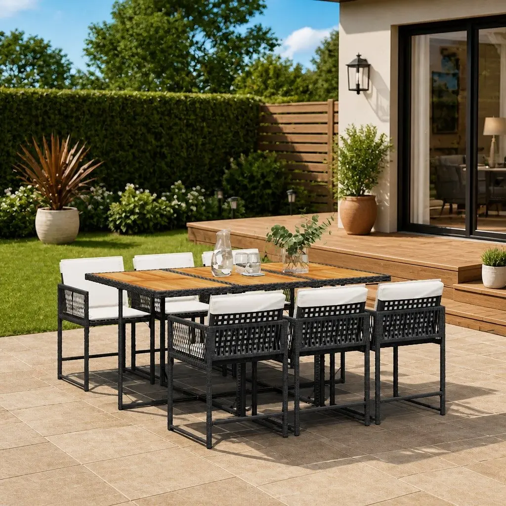 7 Piece Garden Dining Set Outdoor Use Black Poly Rattan Chairs Table