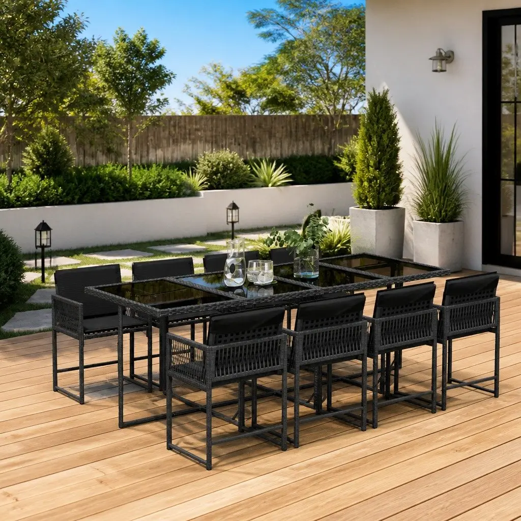 9 Piece Outdoor Dining Set Black Poly Rattan Table and Chairs with Cushions for Garden Patio Use