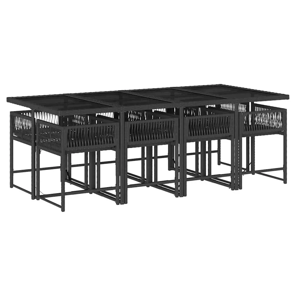 9 Piece Outdoor Dining Set Black Poly Rattan Table and Chairs with Cushions for Garden Patio Use