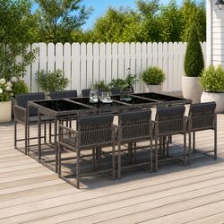 9 Piece Outdoor Dining Set: Grey Poly Rattan, Cushions Included