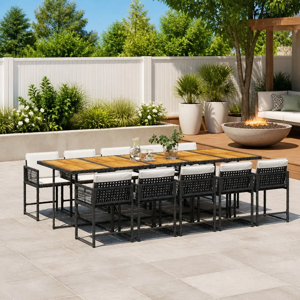 11 Piece Garden Dining Set Outdoor Patio Black Poly Rattan Chairs Table Cushions