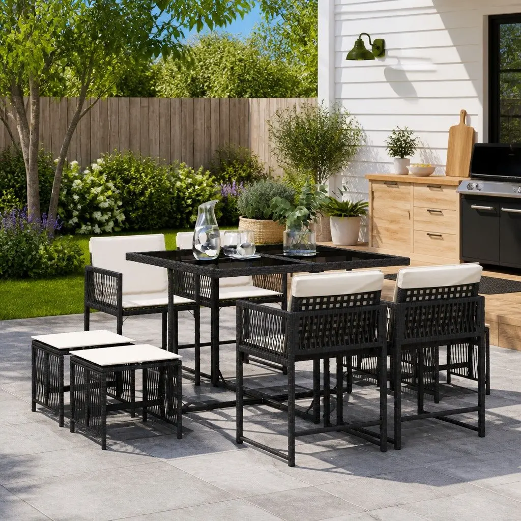 9-Piece Black PE Rattan Outdoor Dining Set
