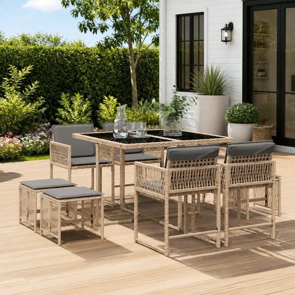 9 Piece Outdoor Dining Set Beige Poly Rattan Patio Garden Furniture with