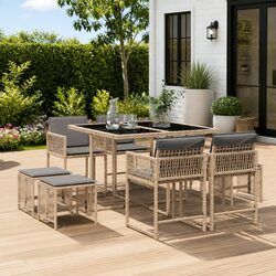 9 Piece Garden Dining Set - Beige Poly Rattan