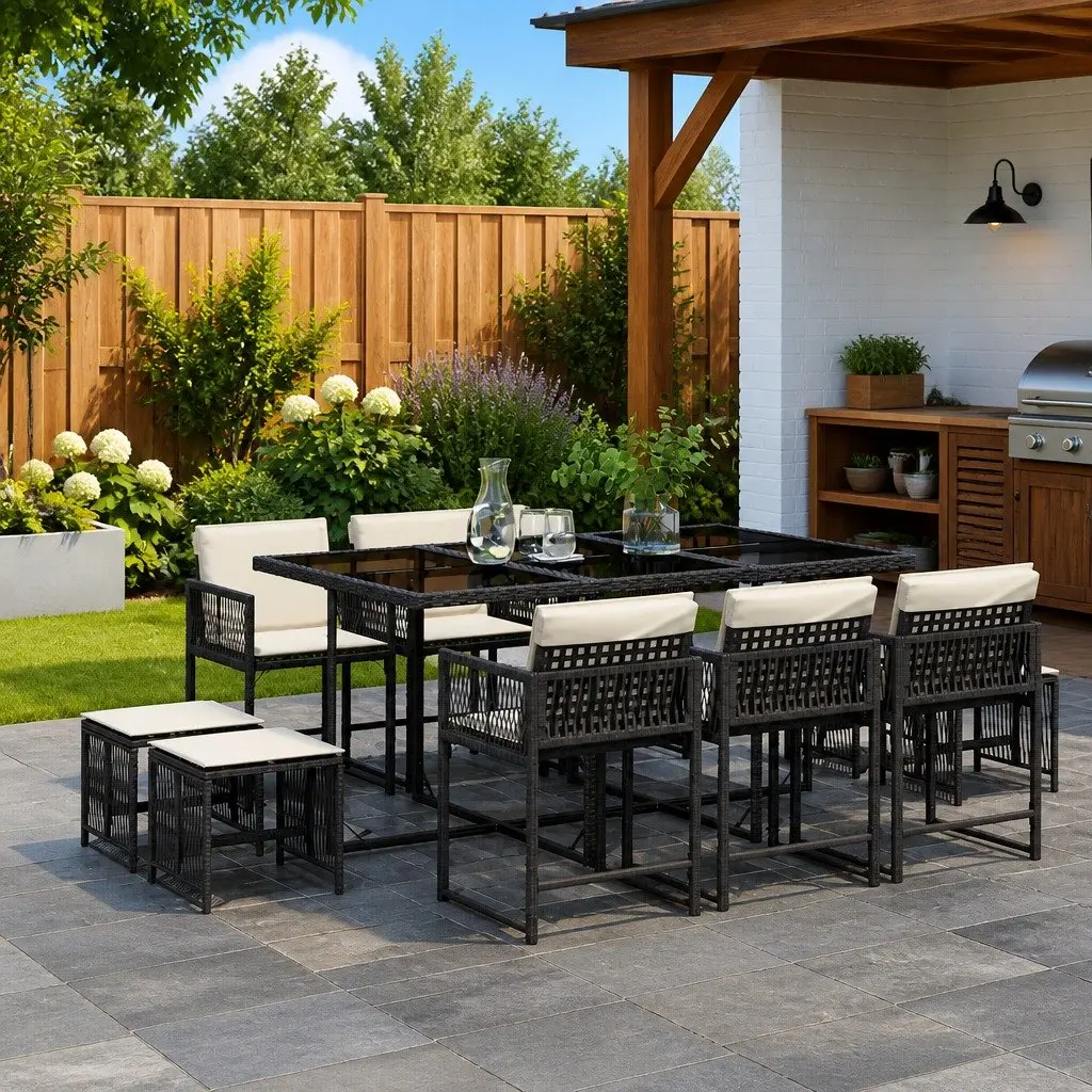 Garden Dining Set 11 Piece Outdoor Furniture Table Chairs Cushions Black Poly