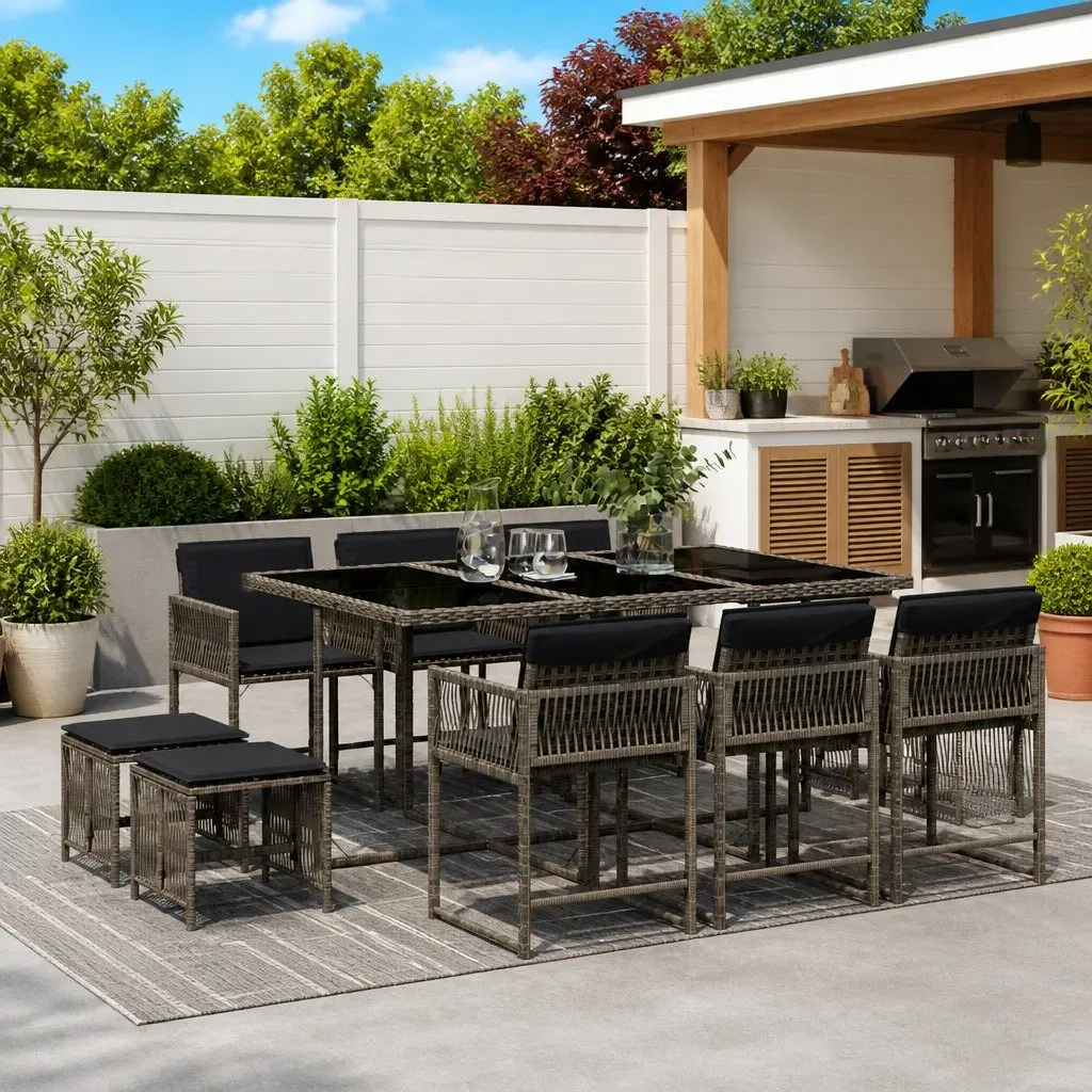 Garden Dining Set Outdoor Furniture 11 Piece Grey Poly Rattan with Cushions