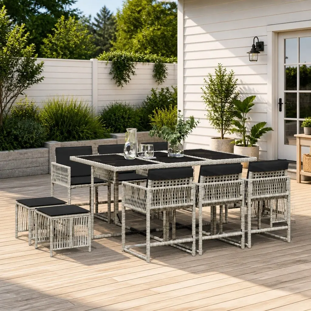 Garden Dining Set 11 Piece Outdoor Use Grey Poly Rattan Furniture Chairs Table