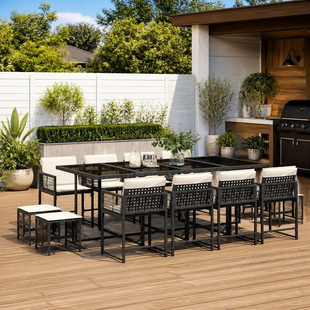 Outdoor Dining Set 13 Pieces Garden Furniture Black Rattan Chairs Table with Cushions for Patio and Backyard Use