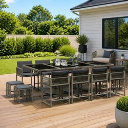 Grey Garden Dining Set - 13 Pieces of PE Rattan and Glass