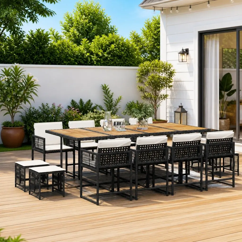 Garden Dining Set Outdoor Furniture 13 Piece Black Poly Rattan with Cushions