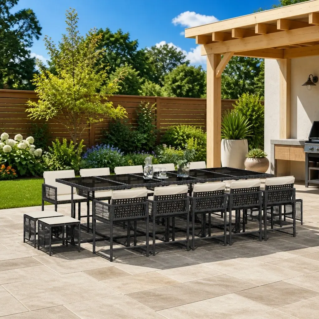 Garden Dining Set Outdoor Furniture 15 Piece Black PE Rattan Chairs Table