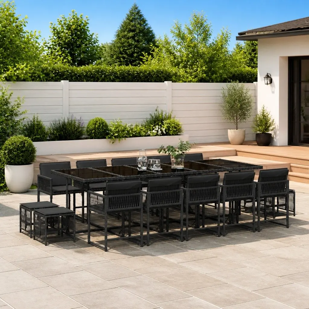 15 Piece Outdoor Dining Set for Patio and Garden Black PE Rattan Chairs Table with Cushions