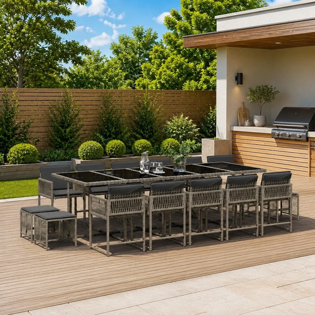 Garden Dining Set 15 Piece Outdoor Furniture Grey Poly Rattan with Cushions