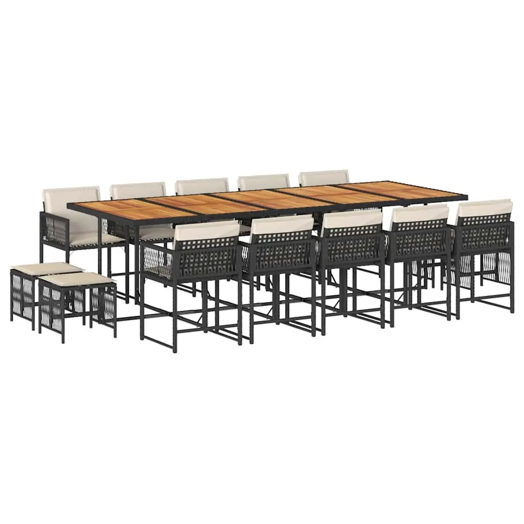 15 Piece Outdoor Garden Dining Set Black Poly Rattan Chairs Stools Table