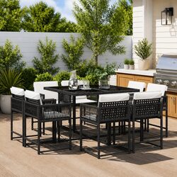 9 Piece Garden Dining Set with Cushions and Glass Top